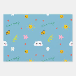 Smiley Wolken, Bienen und Blume Nahtloses Muster Geschenkpapier Set