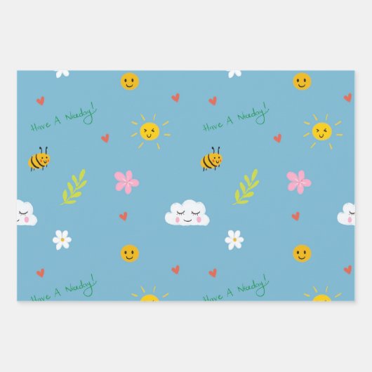 Smiley Wolken, Bienen und Blume Nahtloses Muster Geschenkpapier Set (Vorderseite)
