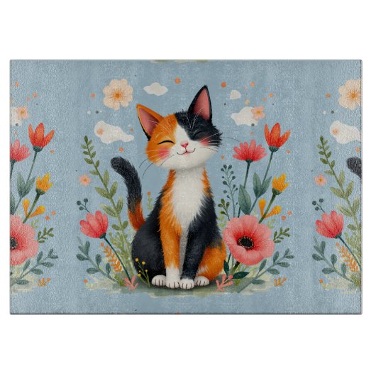 Smiling Calico Cat in Blooming Garden Schneidebrett (Vorderseite)