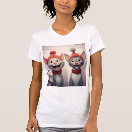 Smiling Cartoon Cats With Red Hats And Collars T-Shirt (Vorderseite)