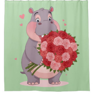 Smiling cartoon hippo holding a huge bouquet duschvorhang