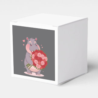 Smiling cartoon hippo holding a huge bouquet geschenkschachtel