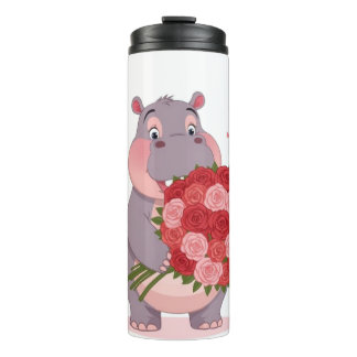 Smiling cartoon hippo holding a huge bouquet thermosbecher