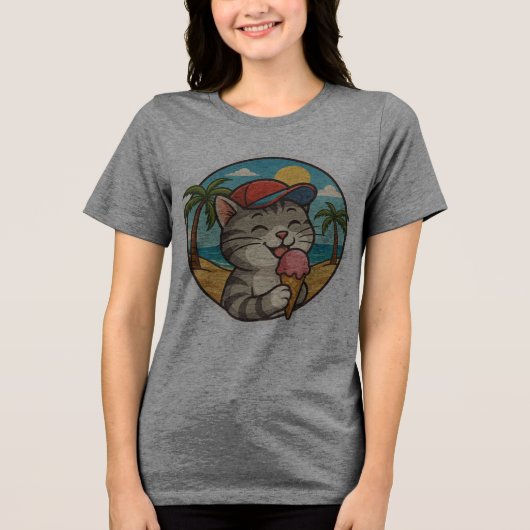 Smiling Cat Eating Ice Cream – Cute Summer Sticker Tri-Blend Shirt (Vorderseite)