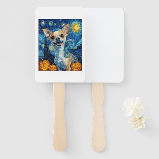 smiling chihuahua dog starry night by Van Gogh fin Fächer (Vorne und Hinten)