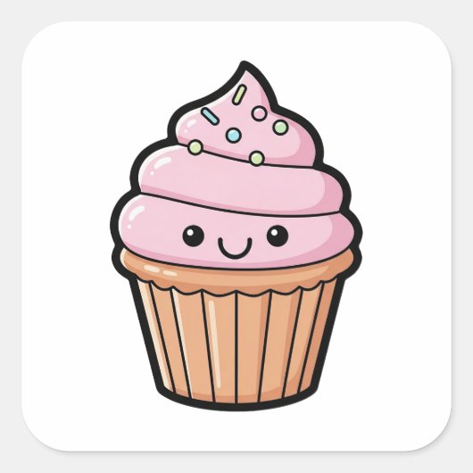 Smiling Cupcake – Cute Kawaii Illustration Quadratischer Aufkleber (Vorderseite)