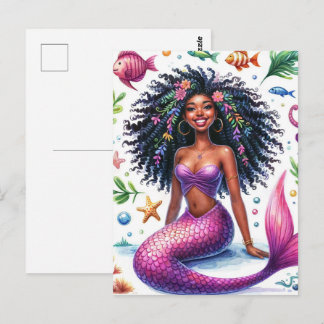Smiling Dark-Skinned Mermaid With Pink Tail Postkarte