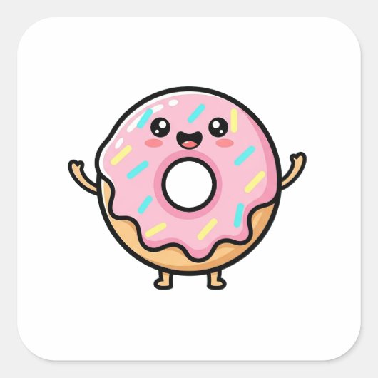 Smiling Donut – Cute Kawaii Illustration Quadratischer Aufkleber (Vorderseite)