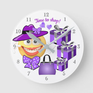 Smiling Emoji with Shopping, Time to Shop Runde Wanduhr
