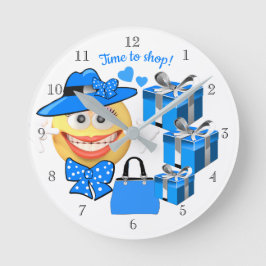 Smiling Emoji with Shopping, Time to Shop Runde Wanduhr
