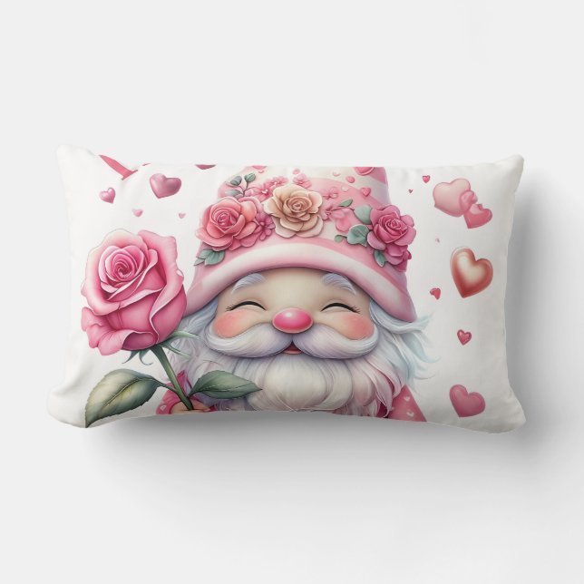 Smiling Gnome Holding a Pink Rose Lendenkissen (Vorderseite)