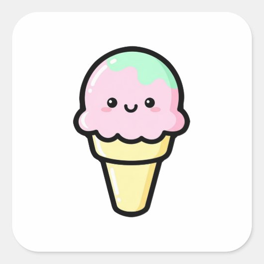 Smiling Ice Cream – Cute Kawaii Illustration Quadratischer Aufkleber (Vorderseite)