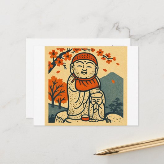 Smiling Jizo Guardian  – Japanese Folk Art  Postkarte (Vorderseite/Rückseite Beispiel)
