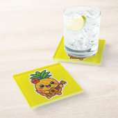 Smiling Kawaii Ananas - tropisch Glasuntersetzer (Schrägansicht)