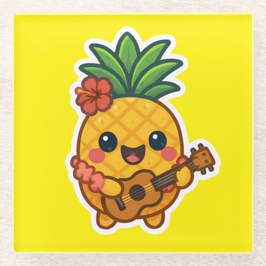 Smiling Kawaii Ananas - tropisch Glasuntersetzer (Vorderseite)