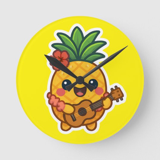 Smiling Kawaii Ananas - tropisch Runde Wanduhr (Vorderseite)