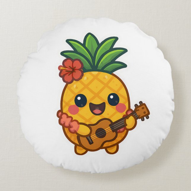 Smiling Kawaii Ananas - tropisch Rundes Kissen (Vorderseite)