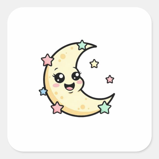 Smiling Moon – Cute Kawaii Illustration Quadratischer Aufkleber (Vorderseite)