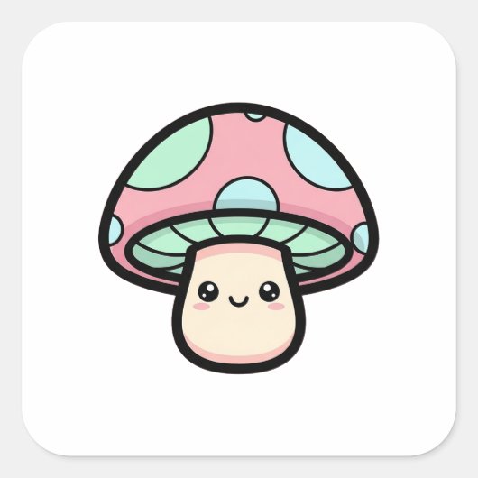 Smiling Mushroom – Cute Kawaii Illustration Quadratischer Aufkleber (Vorderseite)