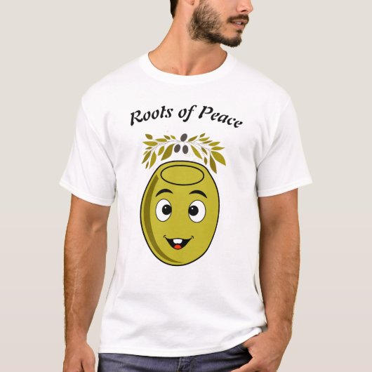 Smiling Olive T-Shirt with "Roots of Peace" text. (Vorderseite)