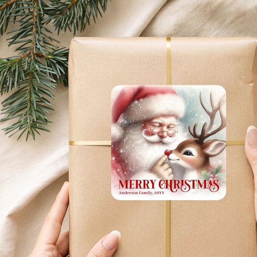 Smiling Santa Rudolph Personalized Holiday Kids  Quadratischer Aufkleber