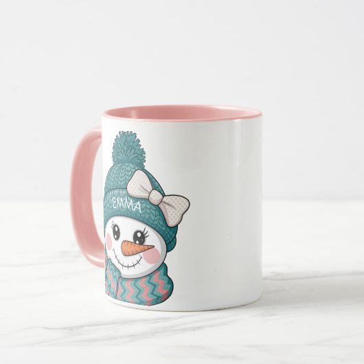 Smiling Snowman Face Name Christmas bow Tasse (Vorderseite Links)