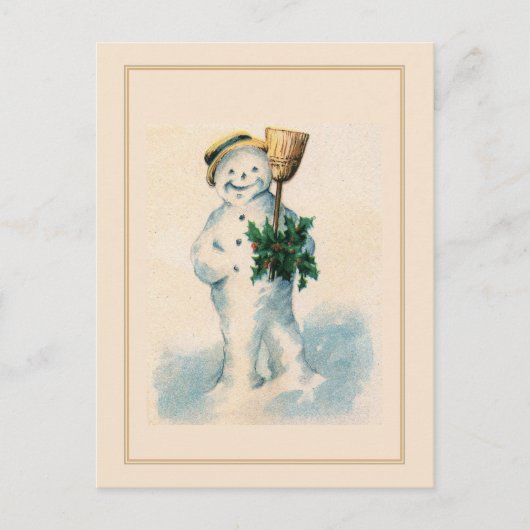 Smiling Snowman Holly Broom Vintage Christmas Feiertagspostkarte (Vorderseite)