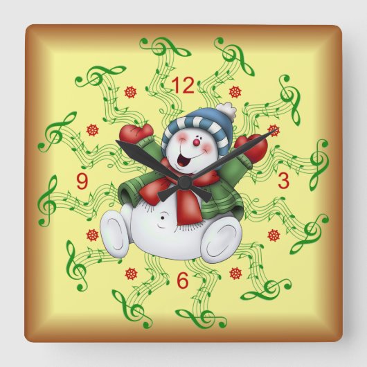 Smiling Snowman ~ Musical Scrolls ~ Christmas ~ Quadratische Wanduhr (Vorderseite)