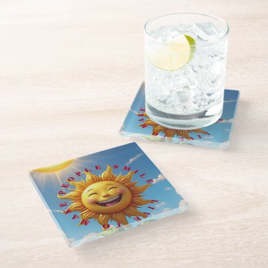"Smiling Sun Coasters – Verbreiten Sie Freude mit  Glasuntersetzer (Schrägansicht)