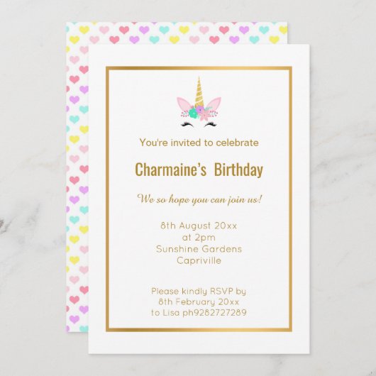 SMILING UNICORN RAINBOW HERZ GOLD 2 EINLADUNG (Vorne/Hinten)
