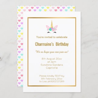 SMILING UNICORN RAINBOW HERZ GOLD 2 EINLADUNG