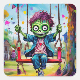 Smiling Zombie Kid on Swing with Party Flags Quadratischer Aufkleber