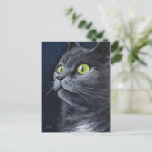 Smokey | Green Mit Augen Blue Gray Cat Portrait Postkarte (Stehend Vorderseite)