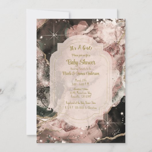 Smokey Pink Galaxy Watercolor Gold Celestial Baby Einladung (Vorderseite)