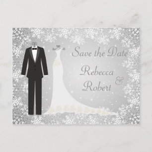 Smoking, Abendkleid, Schneeflocken Save-the-Date-P Ankündigungspostkarte