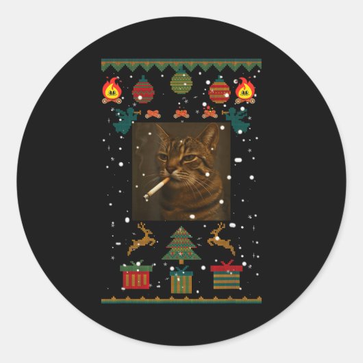 Smoking Cat Cigarette Meme Sarcasm Ugly Christmas Runder Aufkleber (Vorderseite)