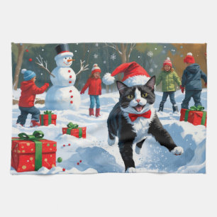 Smoking-Cat läuft im Schnee mit Weihnachtsmütze Geschirrtuch