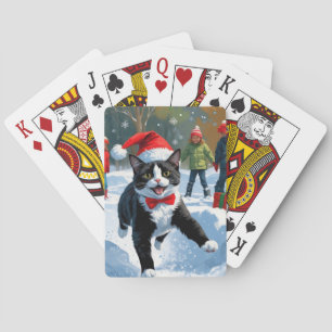 Smoking-Cat läuft im Schnee mit Weihnachtsmütze Spielkarten
