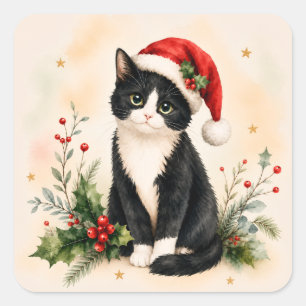 Smoking-Christmas-Katze in Weihnachtsmannmütze Quadratischer Aufkleber