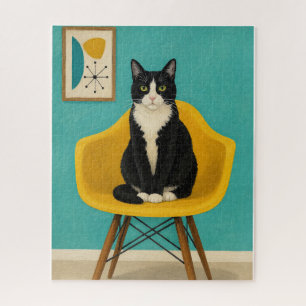 Smoking-Katze auf gelbem Mid-Century-Stuhl Puzzle