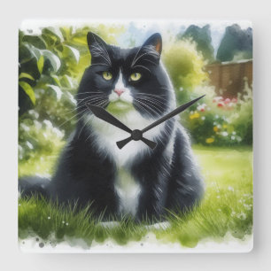 Smoking-Katze im Garten Aquarell-Wanduhr Quadratische Wanduhr