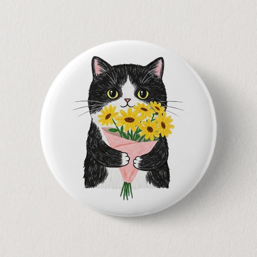 Smoking-Katze mit Sonnenblumenstrauß Button (Vorderseite)