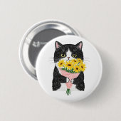 Smoking-Katze mit Sonnenblumenstrauß Button (Vorne & Hinten)