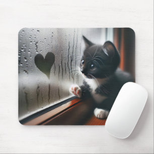 Smoking-Kostüm-Kätzchen mit einem Herz am Fenster  Mousepad
