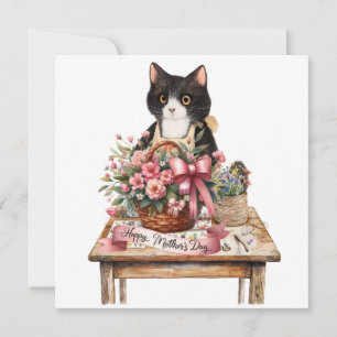 Smokingkatze arrangiert Blumen zum Muttertag Feiertagskarte