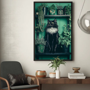 Smokingkatze auf einem Regal zwischen Grünpflanzen Poster