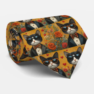 Smokingkatze mit Herzrosen Valentinstag Krawatte