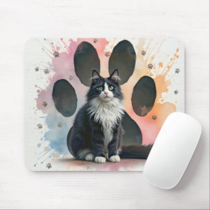 Smokingkatze mit Wasserfarbe-Pfotenabdruck-Design Mousepad
