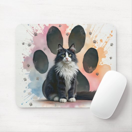 Smokingkatze mit Wasserfarbe-Pfotenabdruck-Design Mousepad (Mit Mouse)