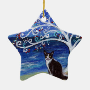 Smokings-Katze u. Baum des Lebens Keramik Ornament
